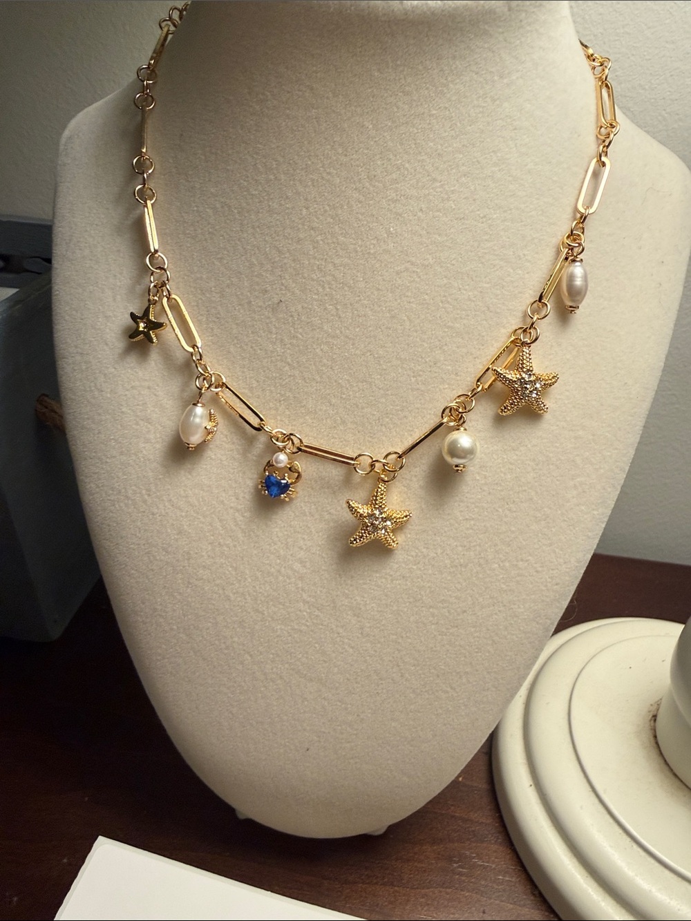 kate spade Gold Starfish & Pearl Charm Necklace with Blue Crystal Accent